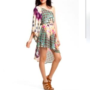 Charlie Jade One Shoulder butterfly Watercolor Pixel Cascade Dress belt Silk S